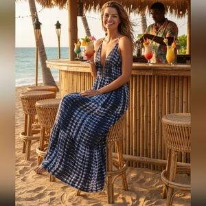 Shein XL Blue Tie Dye Tiered Maxi Dress Deep V Plunge 100% Viscose Boho Vacation
